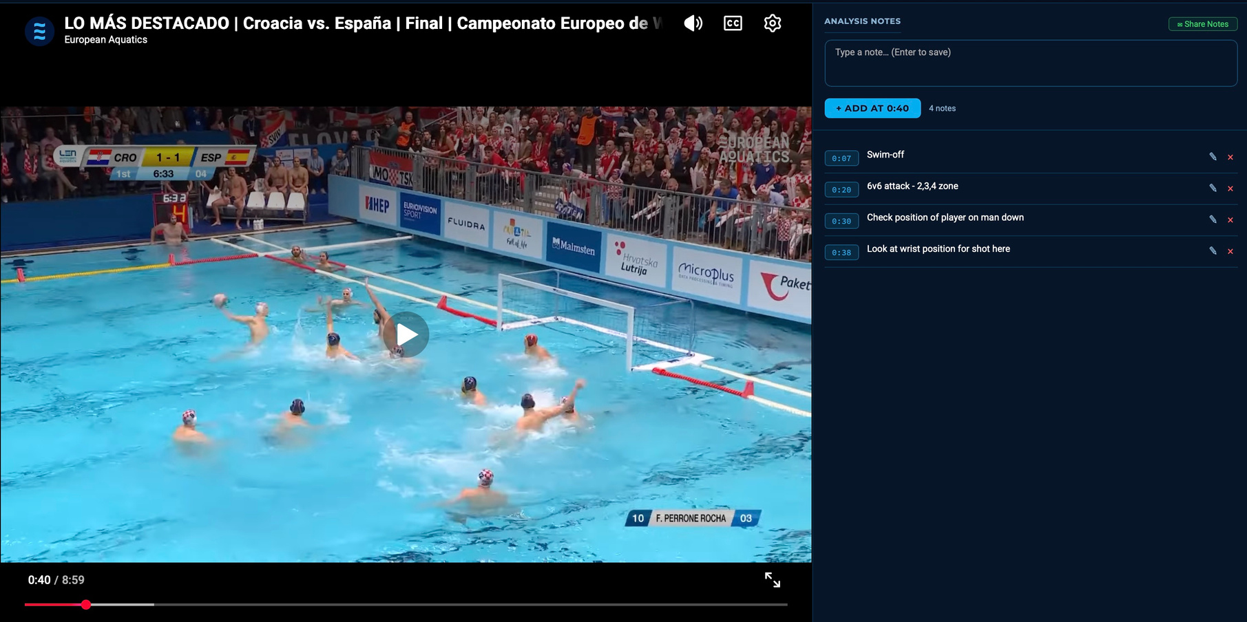 Video analysis panel with a match clip and timestamped notes alongside it