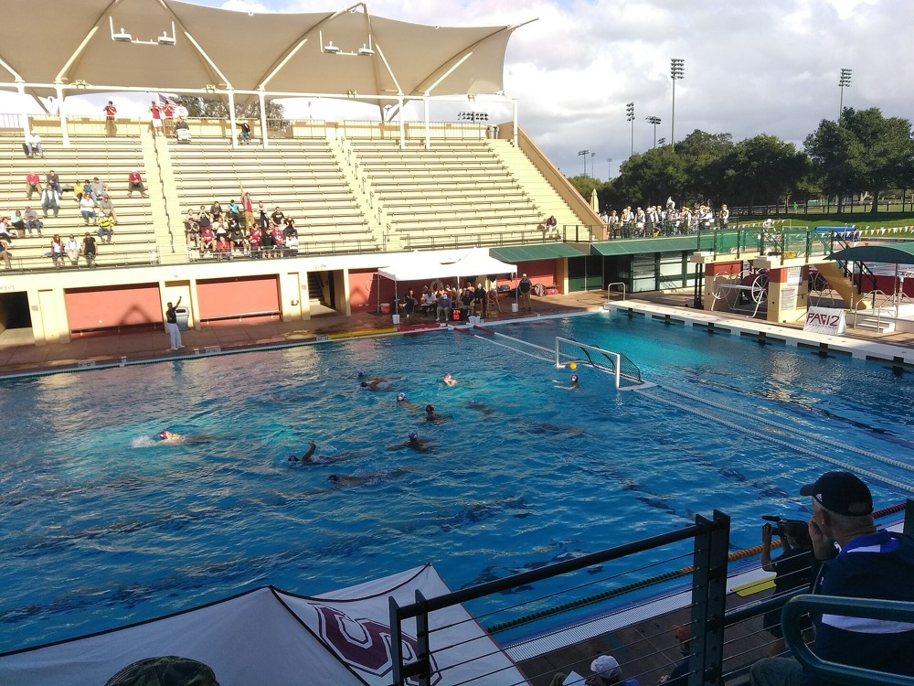 A college water polo match at a US university pool